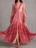 Pink Lace Trim Chiffon Maxi Dress