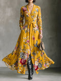 Yellow Floral Satin Wrap Maxi Dress
