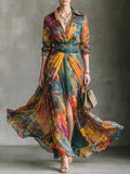 Multicolor Abstract Satin Maxi Dress