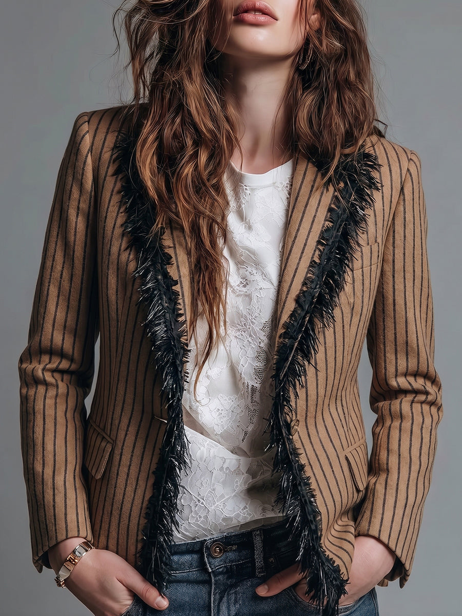 Brown Striped Fringe Blazer