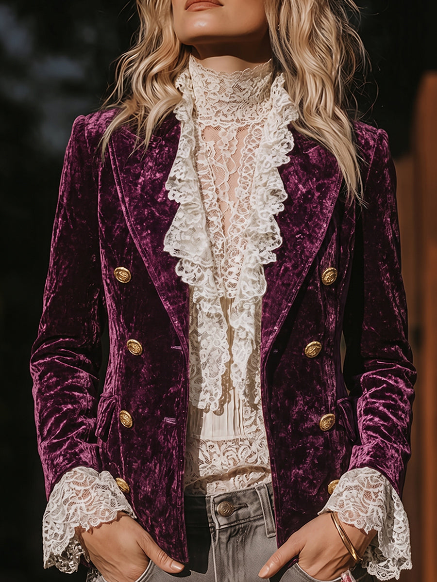Purple Velvet Lace Ruffle Blazer