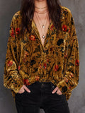Mustard Floral Velvet Button-Down Blouse