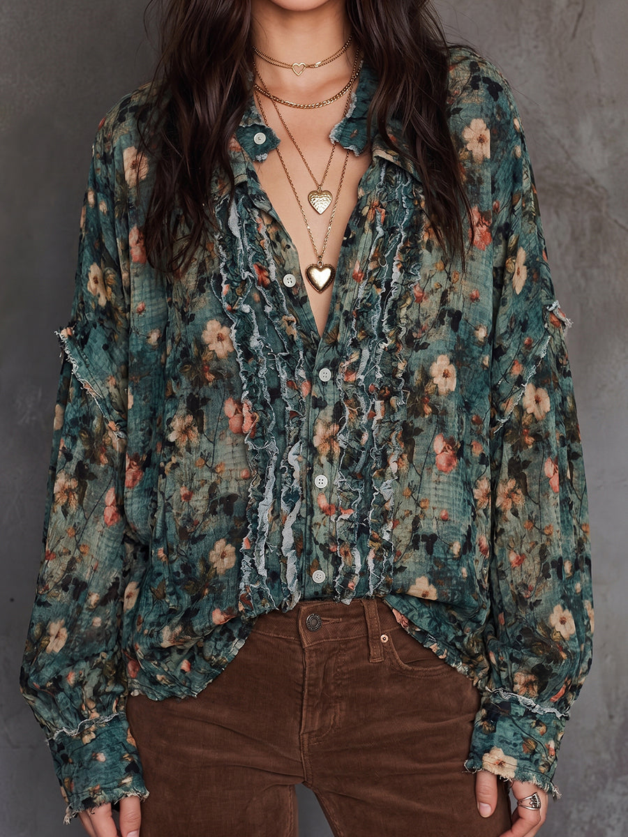 Teal Floral Distressed Blouse