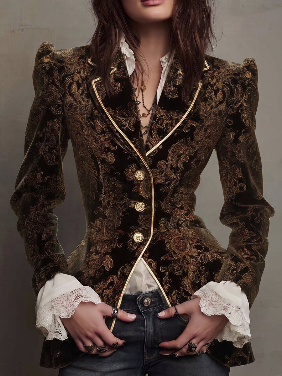 Brown Velvet Gold Piped Blazer