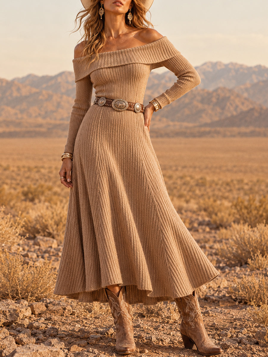Camel Knit Off-Shoulder Midi Dress