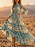 Blue Floral Lace Tiered Maxi Dress