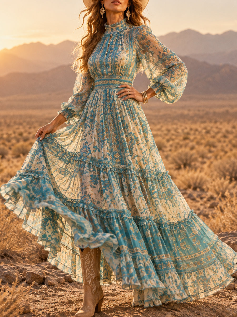 Blue Floral Lace Tiered Maxi Dress