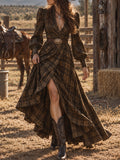 Brown Plaid Fringe Wrap Midi Dress
