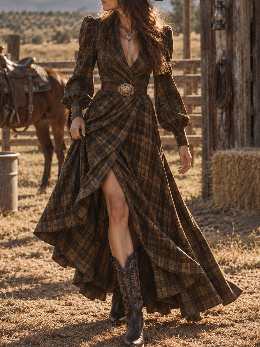 Brown Plaid Fringe Wrap Midi Dress