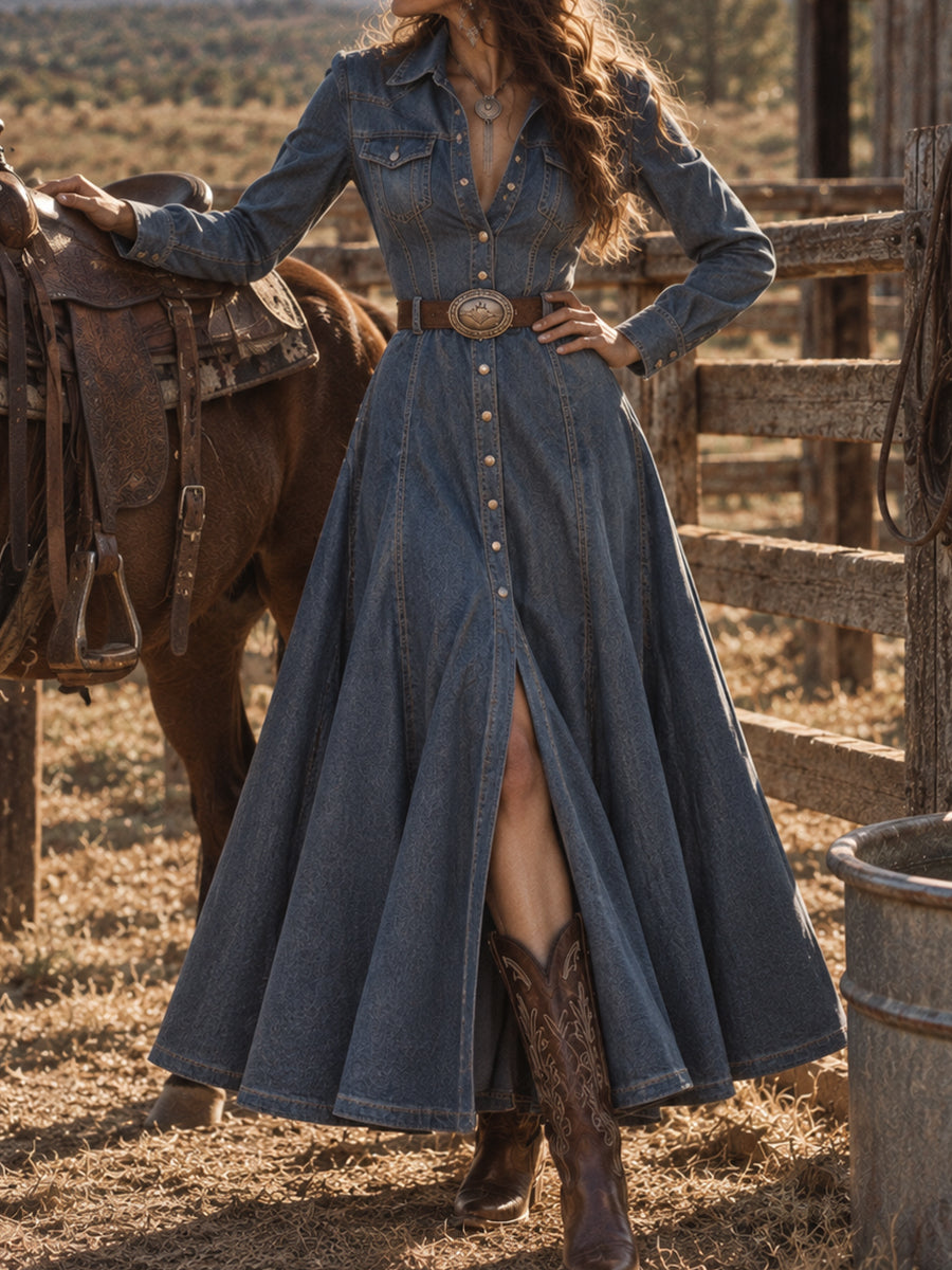 Blue Denim Button-Down Maxi Dress