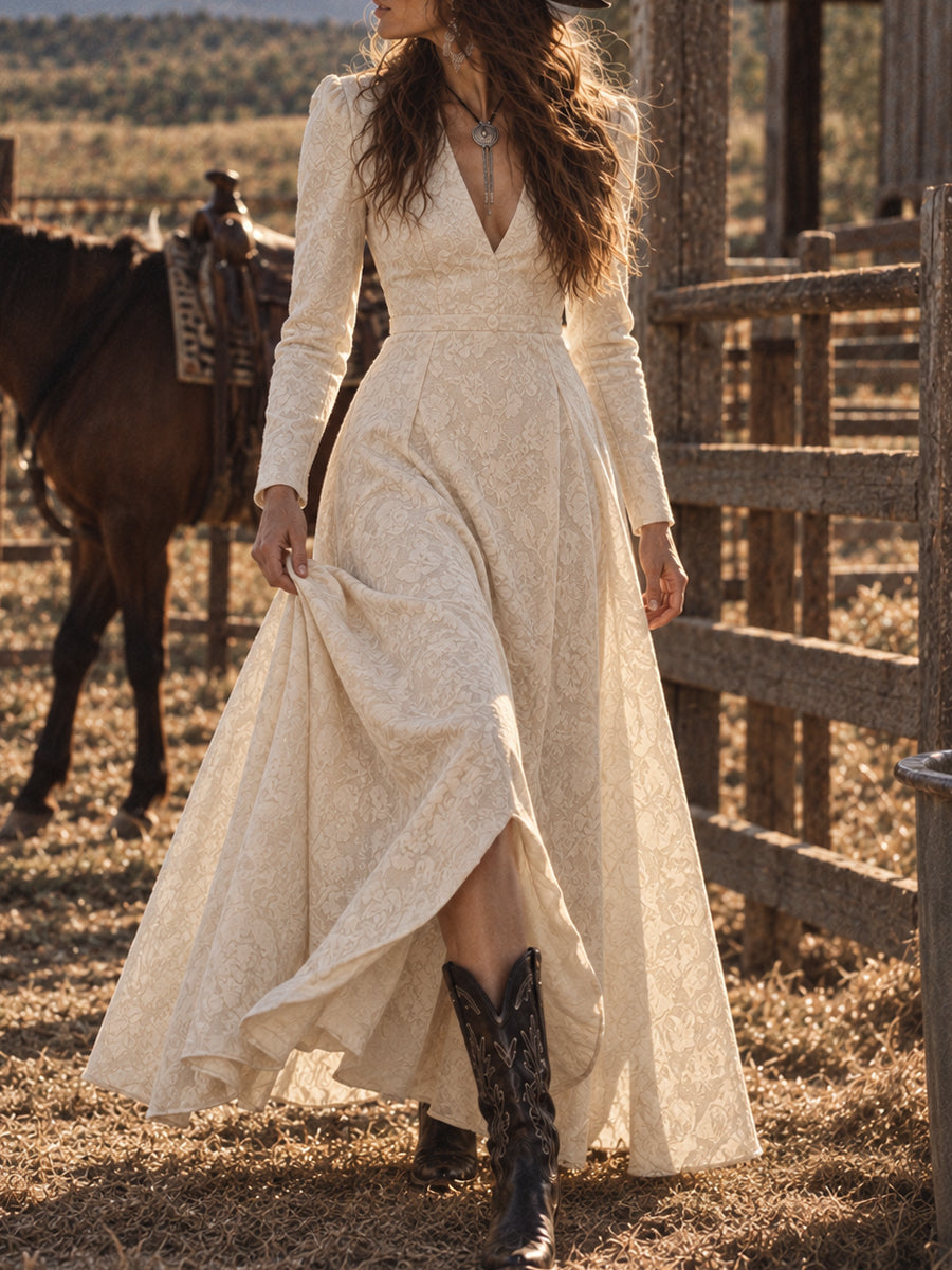 Cream Textured Western Maxi Dress