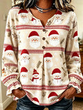Cream Santa Claus Print Button-Down Blouse