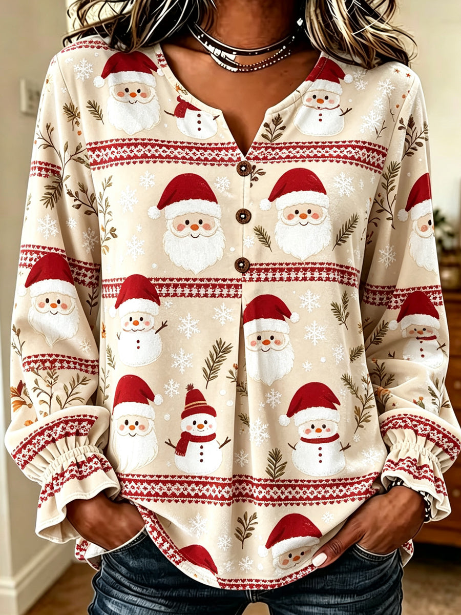 Cream Santa Claus Print Button-Down Blouse
