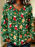 Green Christmas Stocking Print Blouse