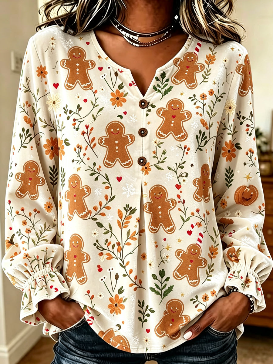 Cream Gingerbread Man Print Blouse