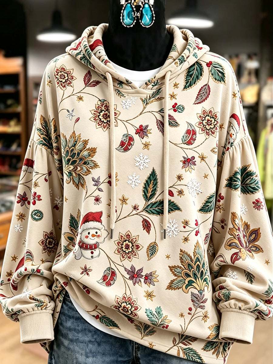Cream Snowman Floral Print Hoodie
