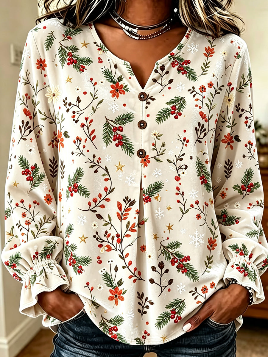Cream Christmas Tree Floral Blouse