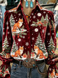 Burgundy Christmas Fox Print Shirt