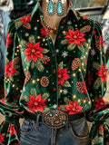 Green Poinsettia Print Velvet Shirt
