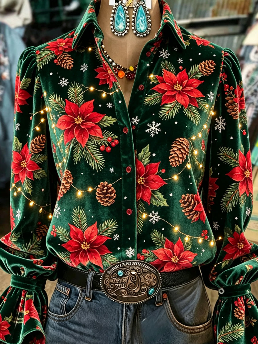 Green Poinsettia Print Velvet Shirt