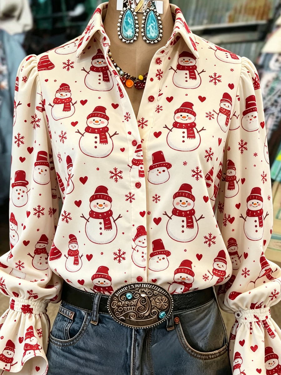 Cream Snowman Print Shirt