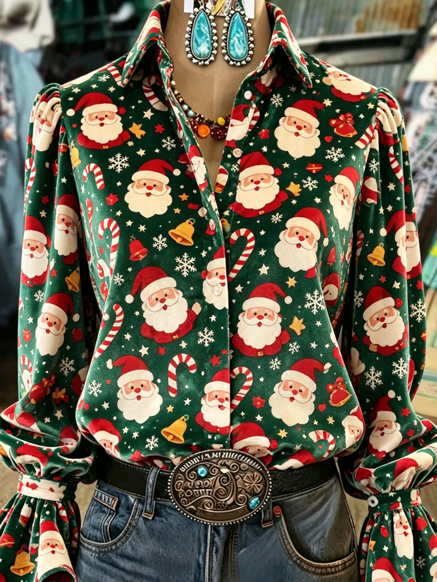 Green Santa Claus Print Velvet Shirt