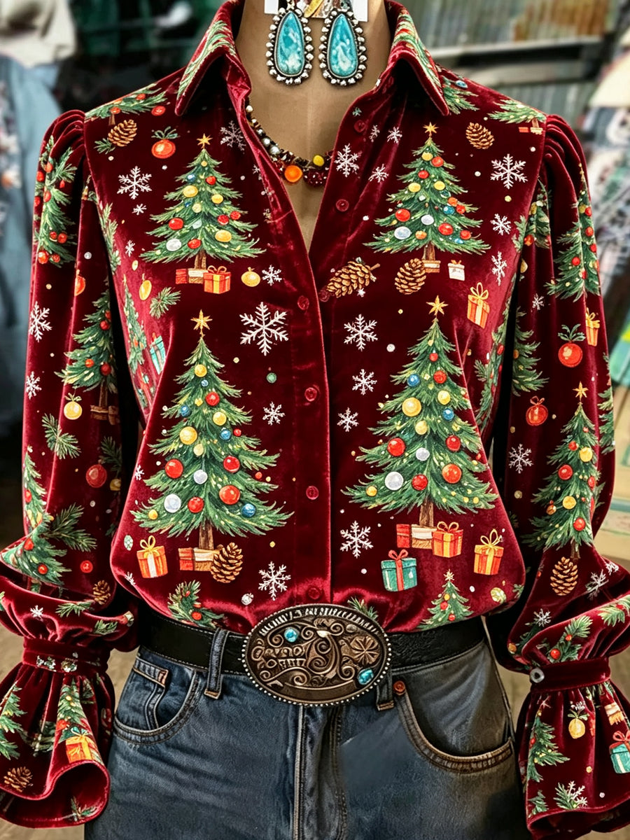 Burgundy Christmas Tree Velvet Shirt