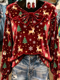 Burgundy Reindeer Print Velvet Blouse