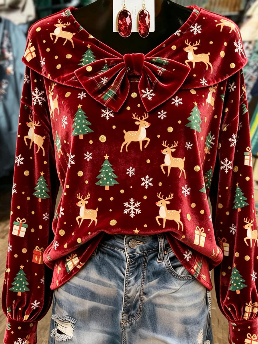 Burgundy Reindeer Print Velvet Blouse
