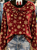 Burgundy Gold Snowflake Velvet Blouse
