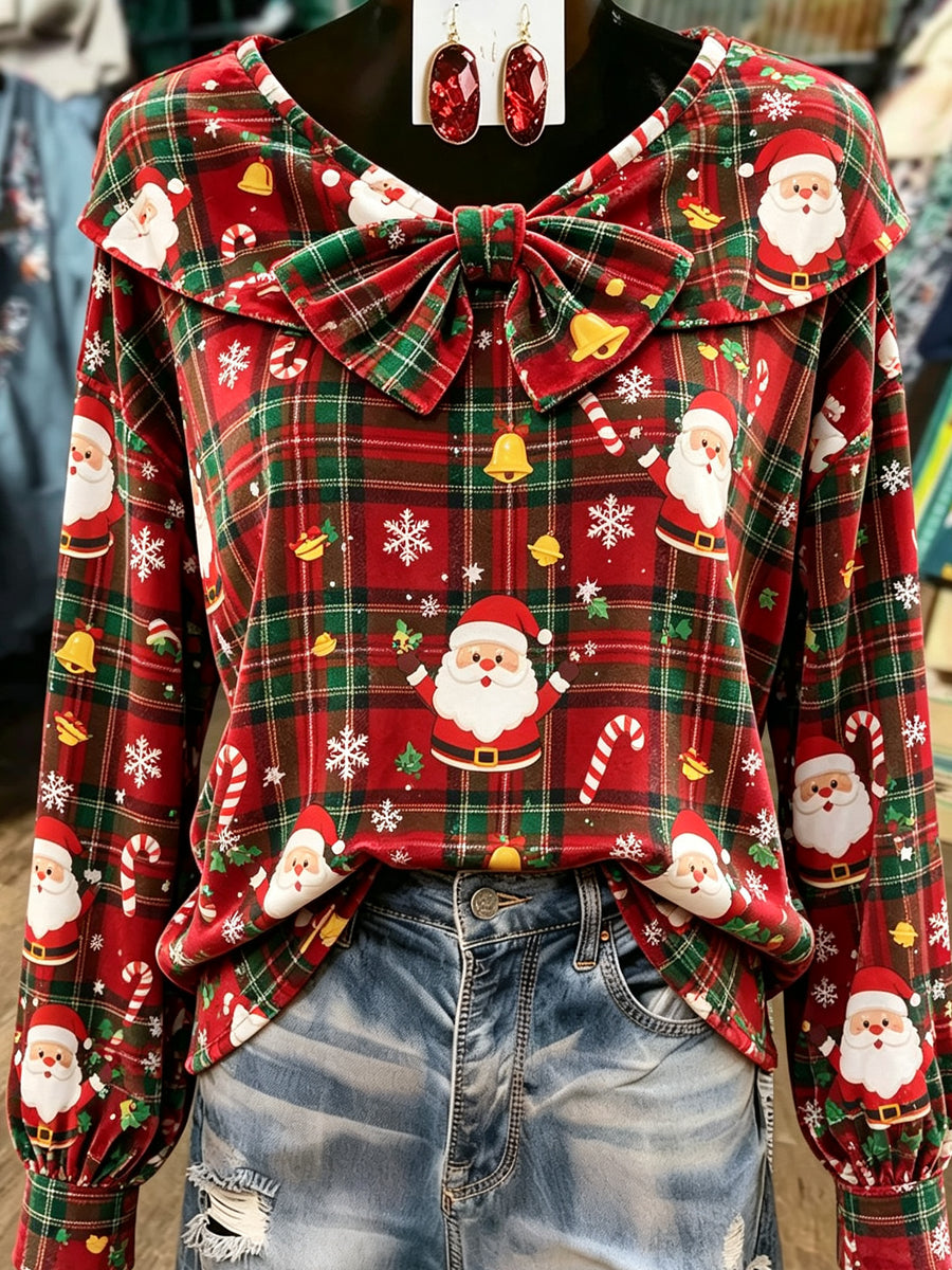 Red Plaid Santa Claus Velvet Blouse