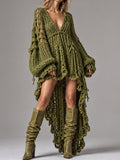 Olive Open Knit Fringe Maxi Dress