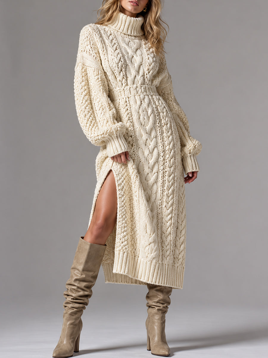 Cream Cable Knit Turtleneck Midi Dress