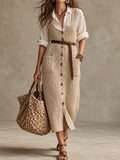 Beige Knit Button Front Midi Dress