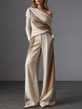 Cream Color Block One Shoulder Wide Leg Pants Set