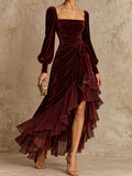 Burgundy Velvet Square Neck Ruffle Midi Dress