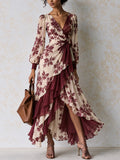 Burgundy Floral Print Ruffle Maxi Dress
