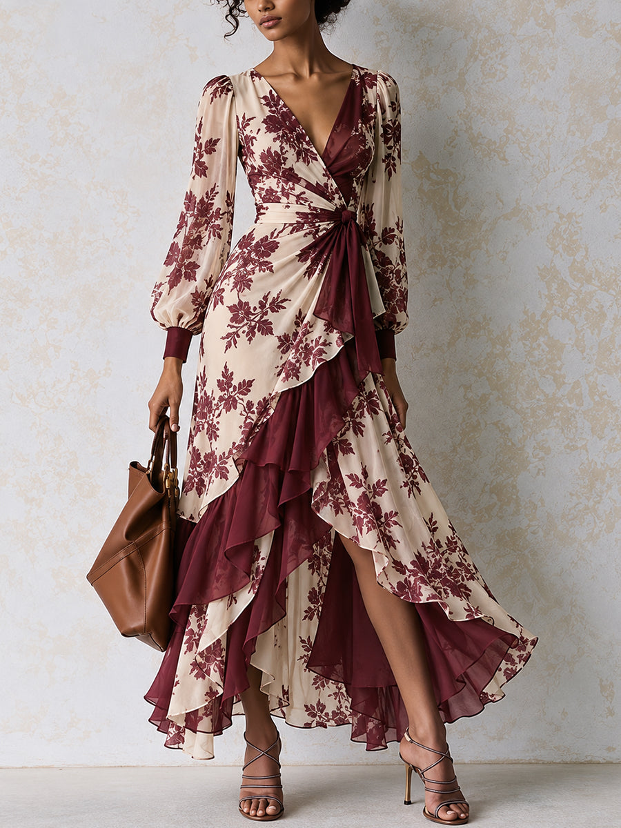 Burgundy Floral Print Ruffle Maxi Dress