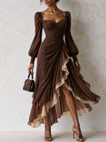 Brown Draped Ruffle High Low Midi Dress