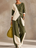 Olive Color Block Asymmetric Wide Leg Pants Set