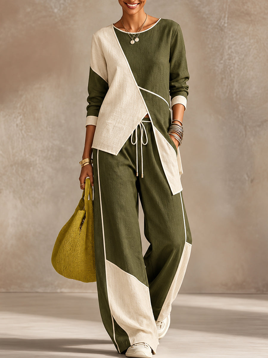 Olive Color Block Asymmetric Wide Leg Pants Set