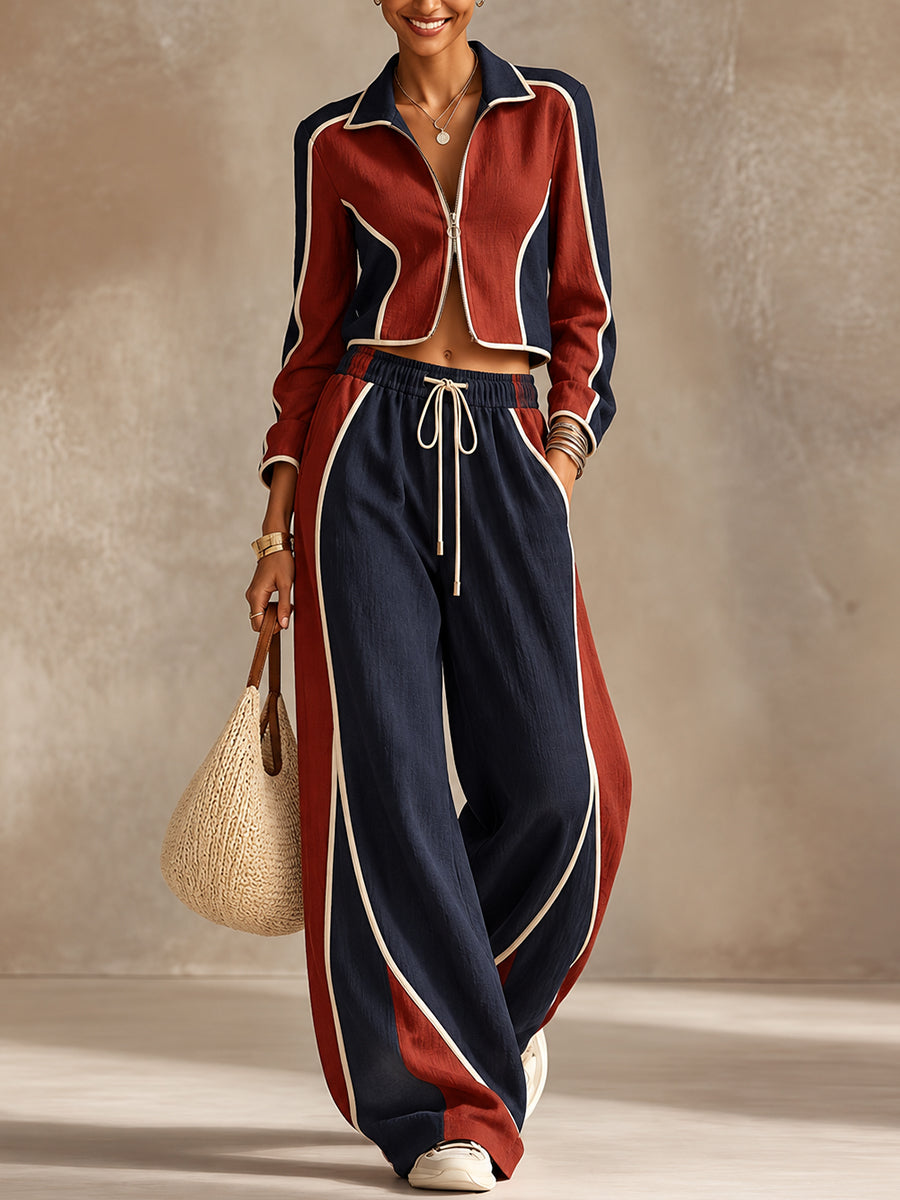 Burgundy Navy Color Block Wide Leg Pants Set