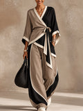 Black Beige Color Block Wrap Wide Leg Pants Set