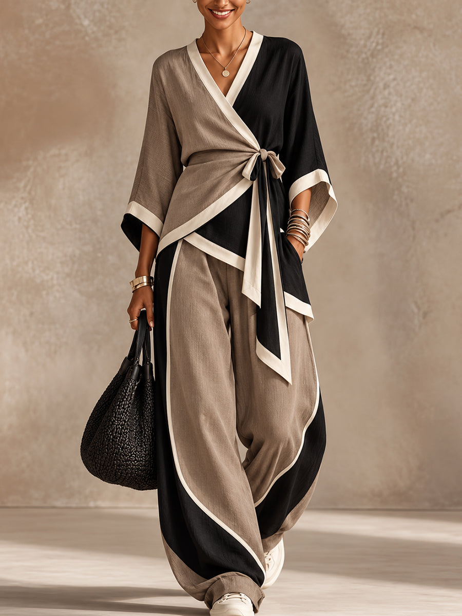 Black Beige Color Block Wrap Wide Leg Pants Set