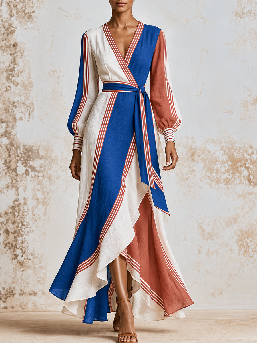 Blue Rust Stripe Wrap High Low Maxi Dress