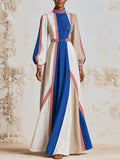 Blue Stripe High Neck A-Line Maxi Dress