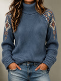Blue Geometric Turtleneck Knit Sweater