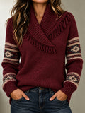 Burgundy Shawl Collar Fringe Sweater