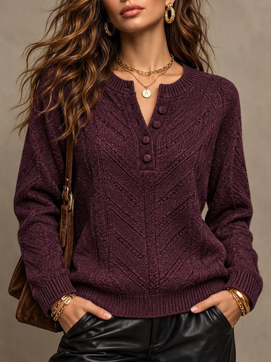 Purple Henley Neck Cable Knit Sweater