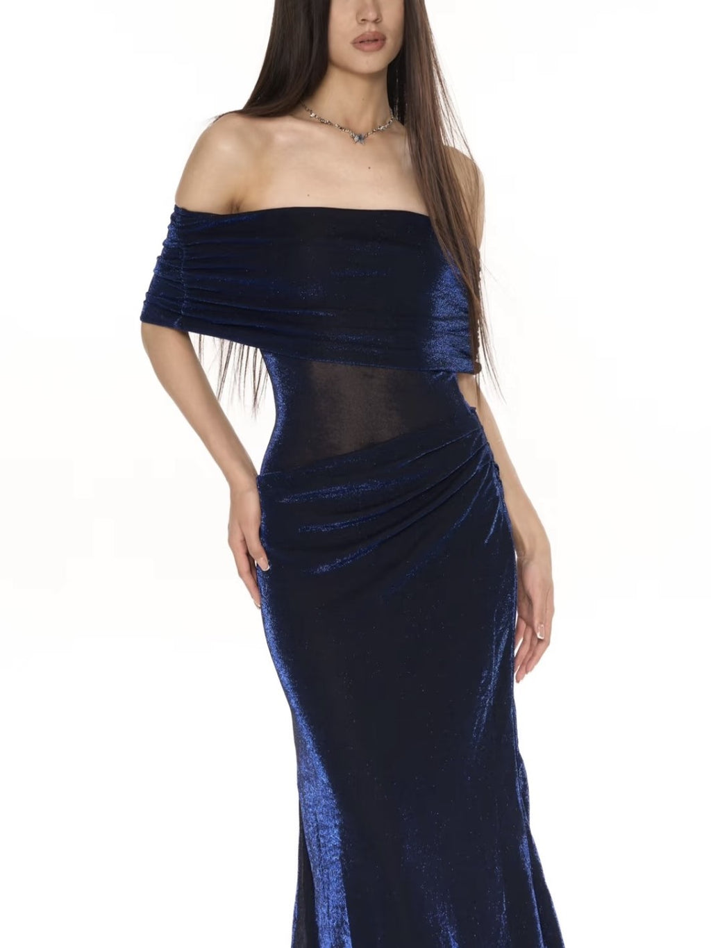 Navy Blue Ruched Off-Shoulder Dress